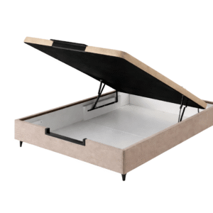 Canapé Rin tapizado con patas y apertura hidráulica en fondo blanco