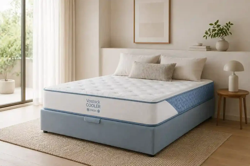 Colchón confort térmico Vostock con visco gel en habitación de estilo minimalista