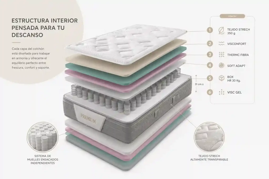 Colchón de confort térmico Premium con capa de Fibra Thermic para mejorar la frescura y transpirabilidad de la superficie