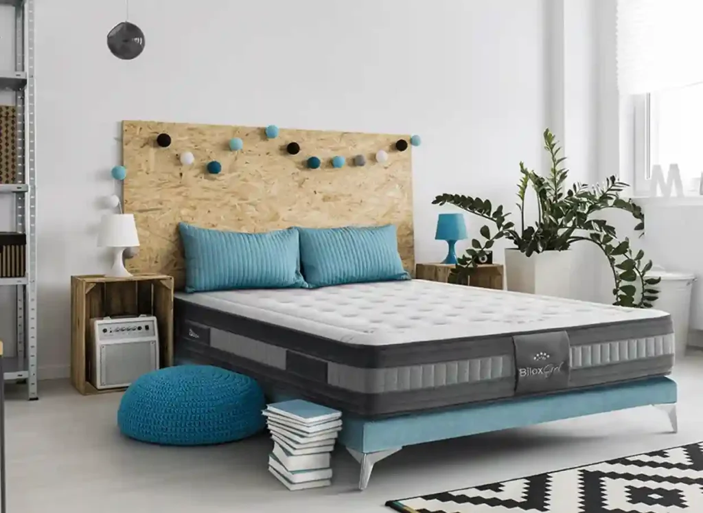 colchones viscoelásticos modelo Bilox Gel en dormitorio con tonos de estilo industrial, natural y minimalista
