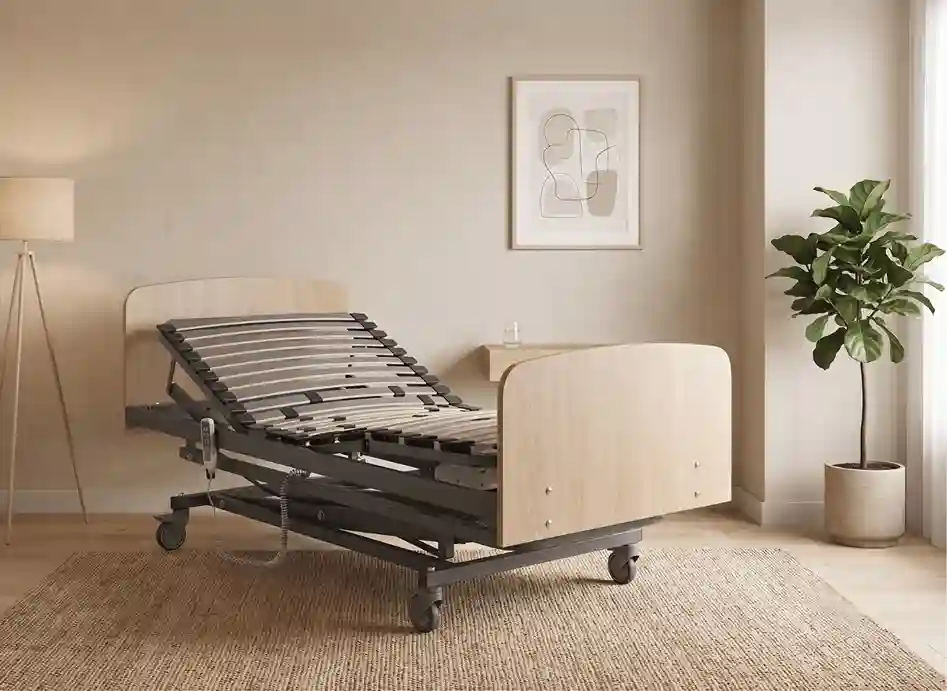 Camas articuladas para casa modelo Cama Geriátrica eléctrica asistencial con sistema de elevación vertical regulable en habitación moderna