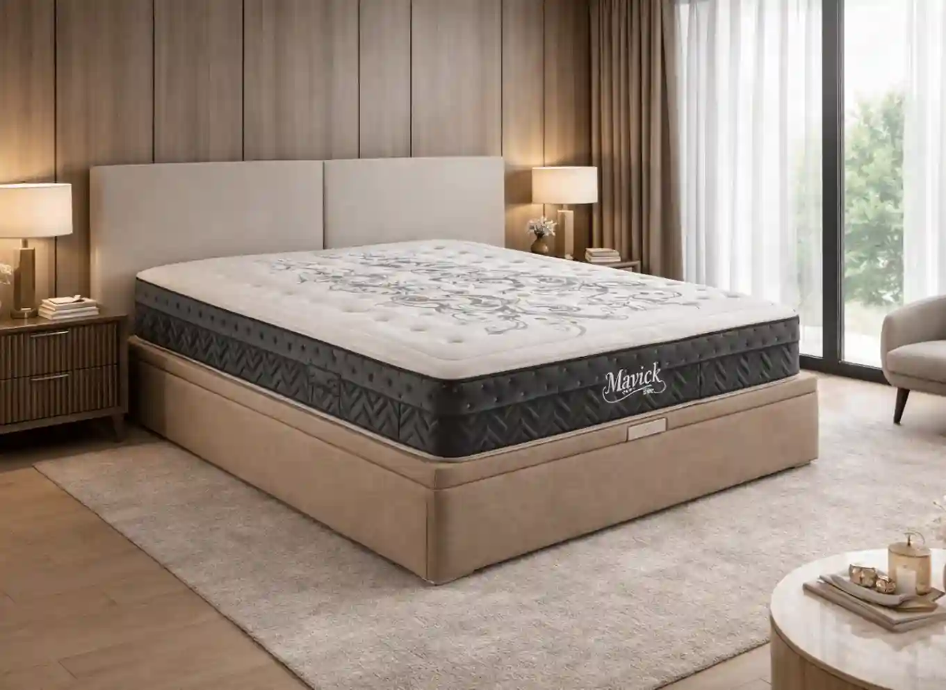 Packs canapé y colchón en ambiente minimalista de lujo con mesitas de noche y cabecero tapizado